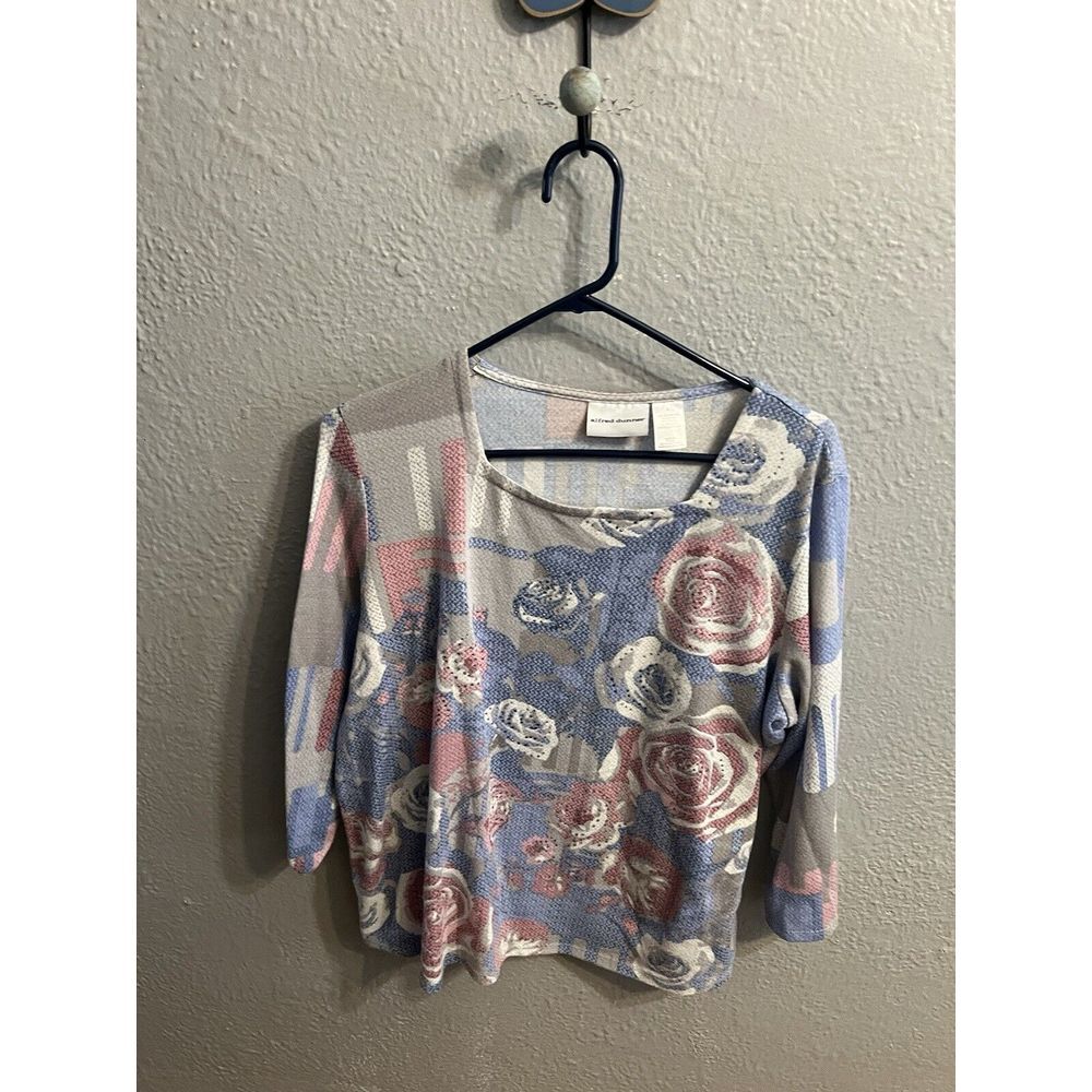 Alfred Dunner Women Top Blouse Shirt‎ Size Large 3/4 Sleeve White Blue Red